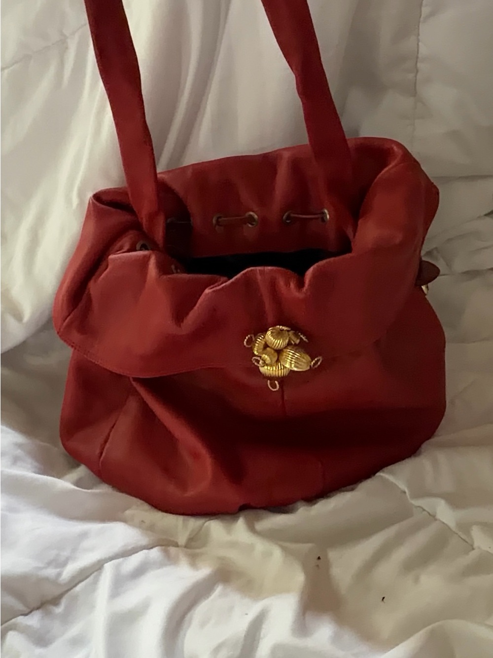 Red Women's Drawstring Shoulder Bag with Gold Accent